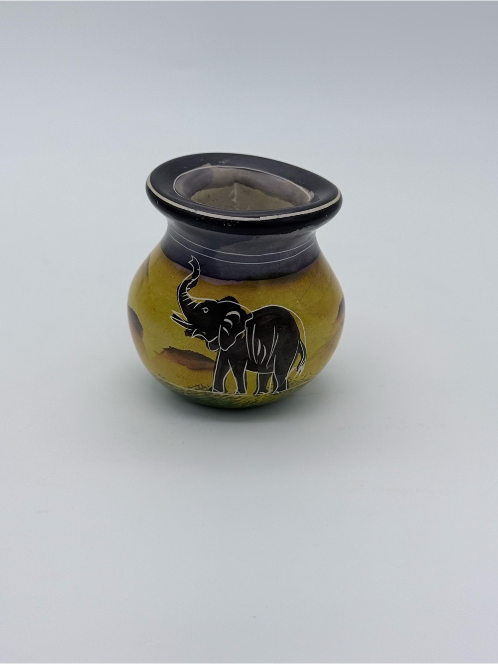 Vtg. Mini Ink Pot Soapstone Vase Handmade Painted Elephant Safari Design 3” X 3”
